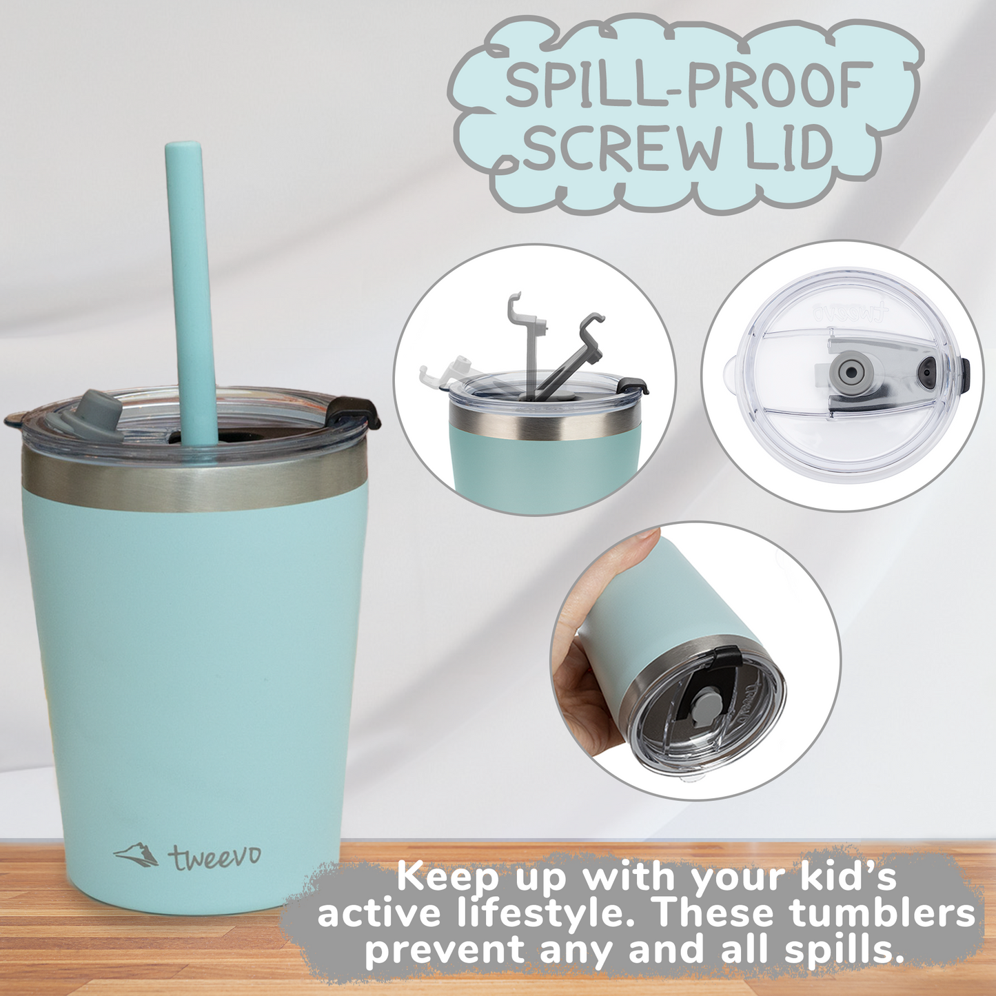 Tweevo Kids Tumblers with Spill-Proof Screw Lids - Kids Tumbler, 8.5 oz. - Stainless Steel Kids Cups With Straws and Lids & Straw Brush