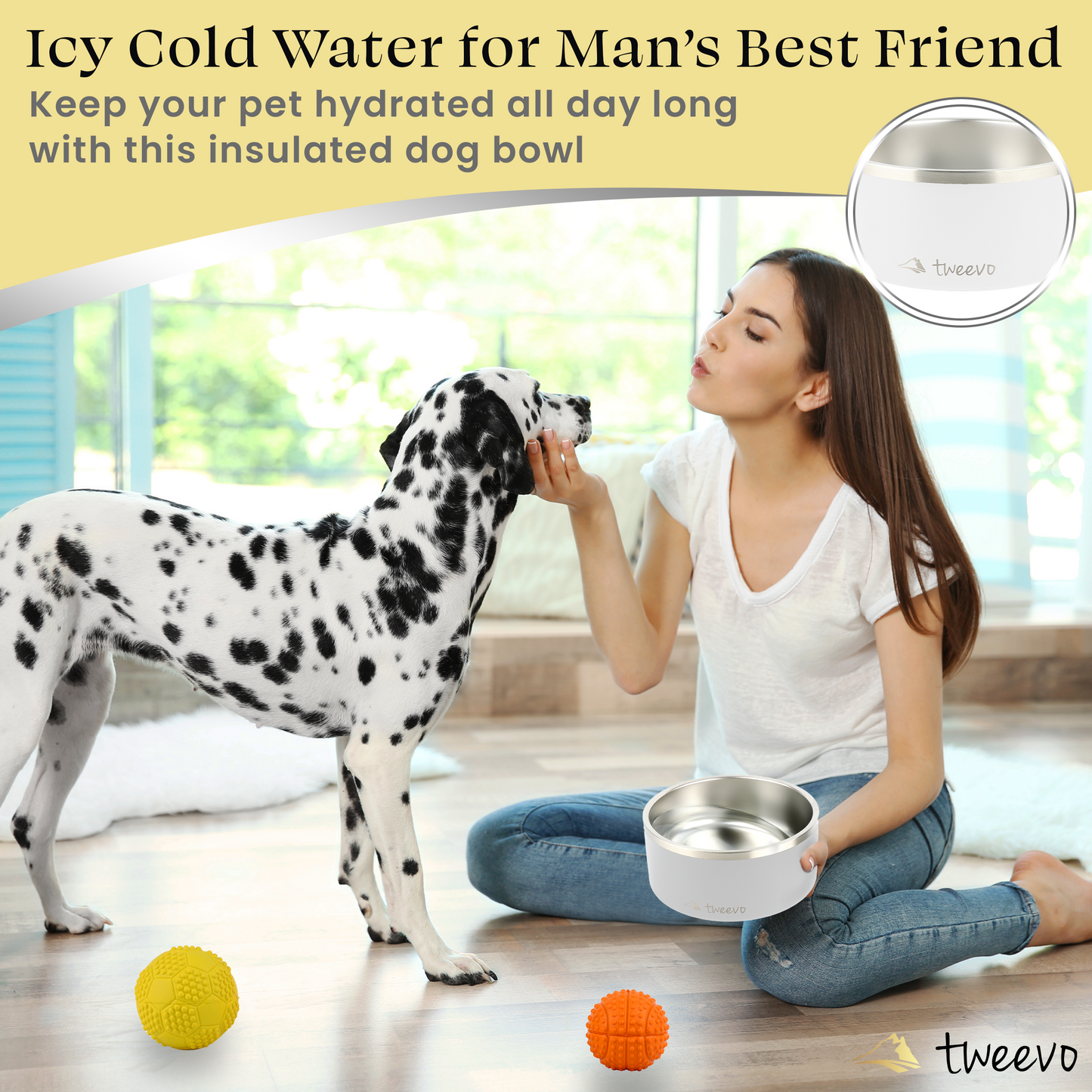 Tweevo Stainless Steel Dog Bowls with 2 Rubber Balls, Durable Non-Slip Dog Bowls, Insulated Dog Bowls for Pet Feeding