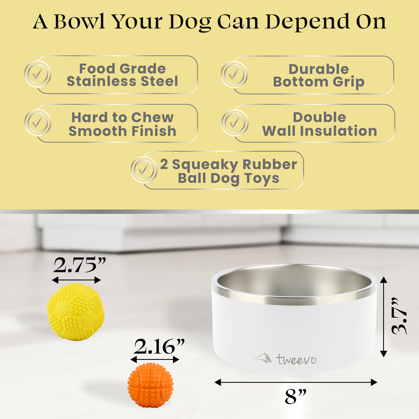 Tweevo Stainless Steel Dog Bowls with 2 Rubber Balls, Durable Non-Slip Dog Bowls, Insulated Dog Bowls for Pet Feeding