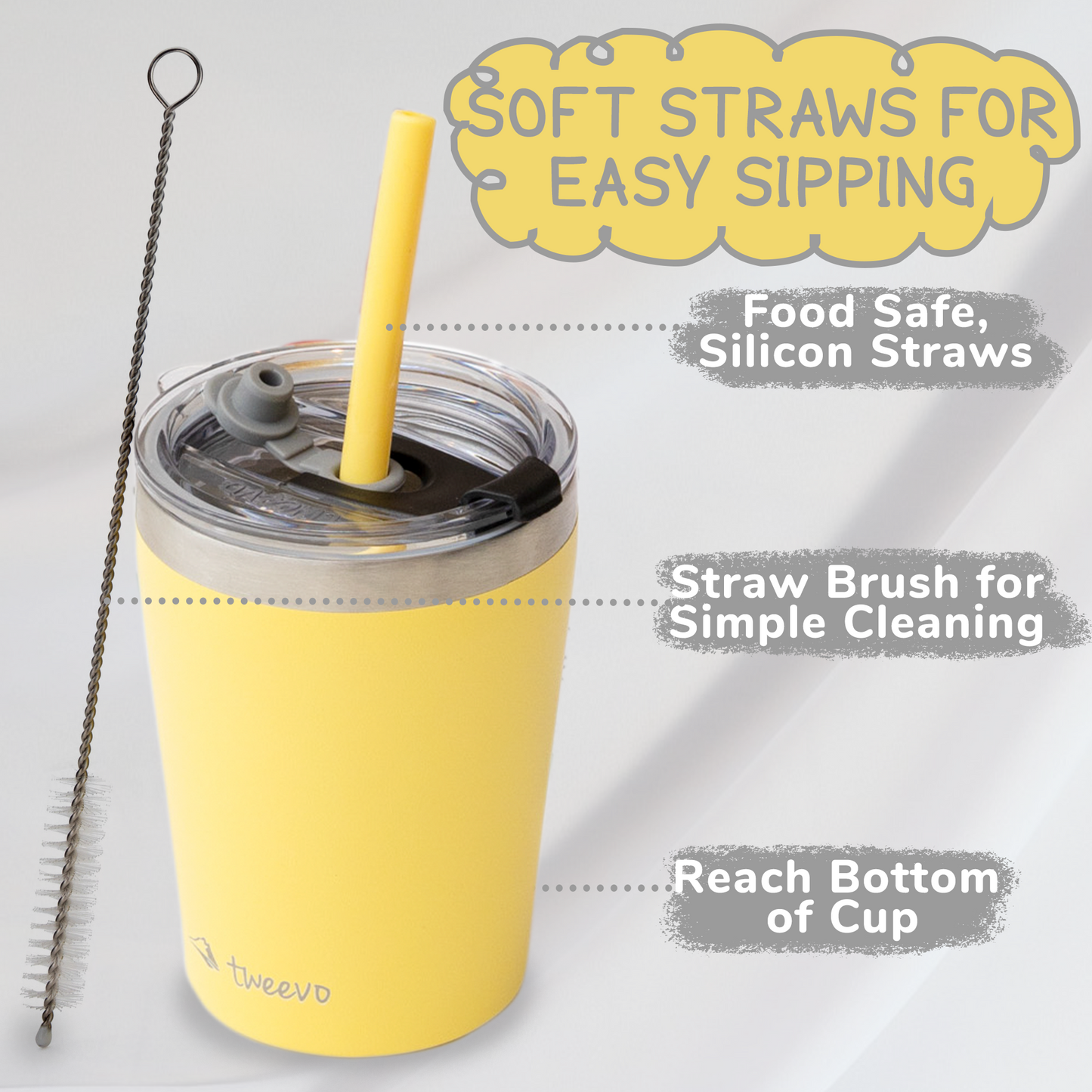 Tweevo Kids Tumblers with Spill-Proof Screw Lids - Kids Tumbler, 8.5 oz. - Stainless Steel Kids Cups With Straws and Lids & Straw Brush