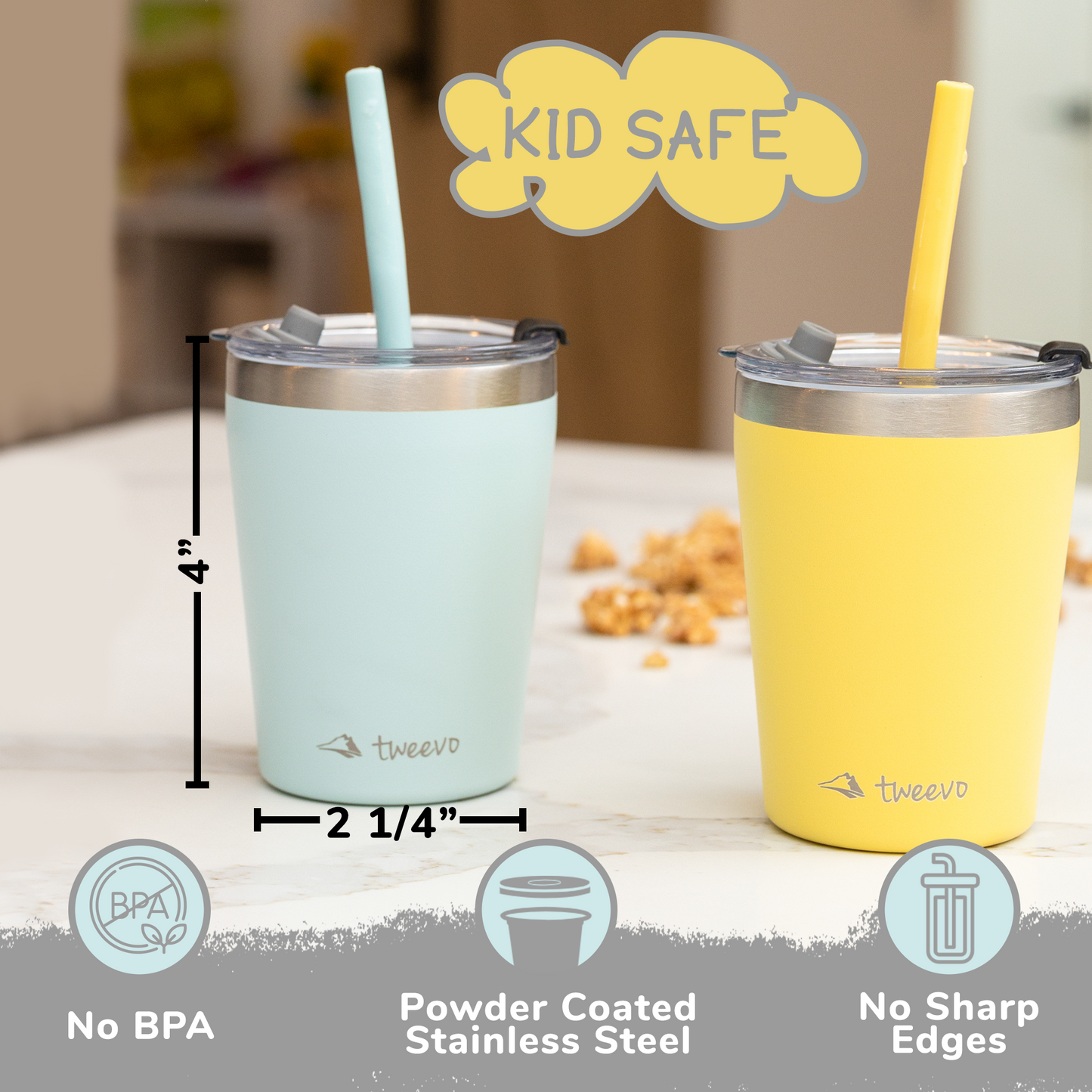 Tweevo Kids Tumblers with Spill-Proof Screw Lids - Kids Tumbler, 8.5 oz. - Stainless Steel Kids Cups With Straws and Lids & Straw Brush