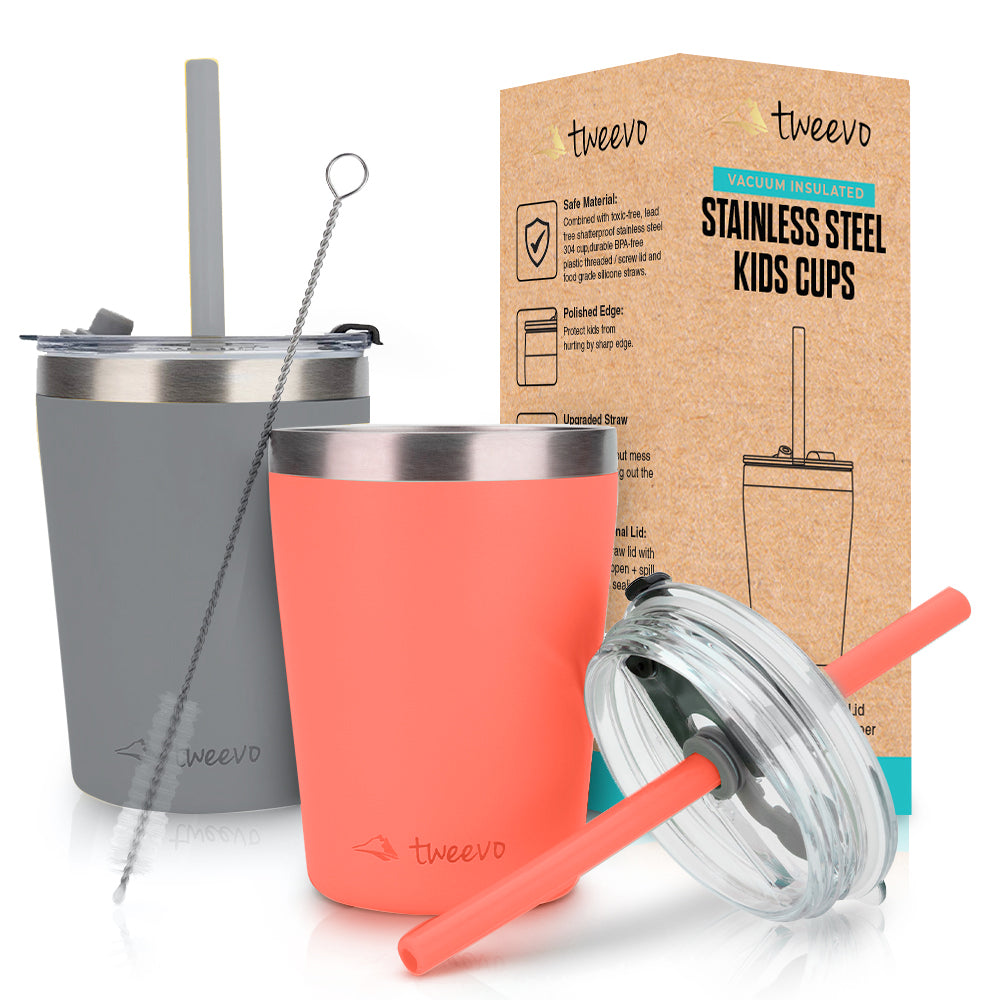 Tweevo Kids Tumblers with Spill-Proof Screw Lids - Kids Tumbler, 8.5 oz. - Stainless Steel Kids Cups With Straws and Lids & Straw Brush