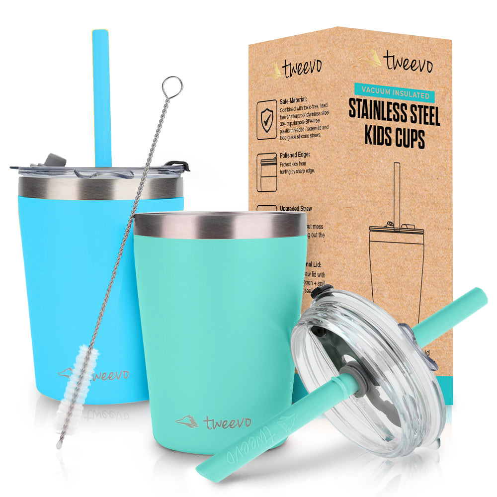 Tweevo Kids Tumblers with Spill-Proof Screw Lids - Kids Tumbler, 8.5 oz. - Stainless Steel Kids Cups With Straws and Lids & Straw Brush