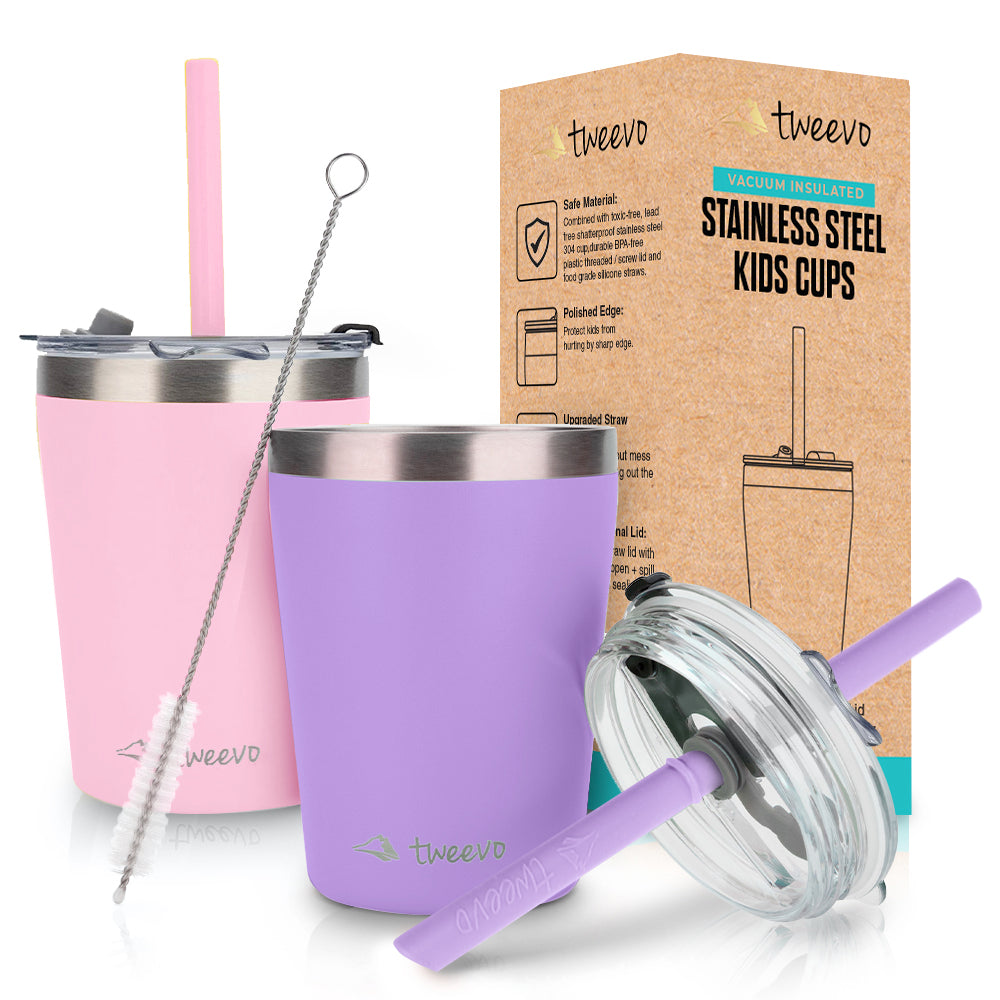 Tweevo Kids Tumblers with Spill-Proof Screw Lids - Kids Tumbler, 8.5 oz. - Stainless Steel Kids Cups With Straws and Lids & Straw Brush