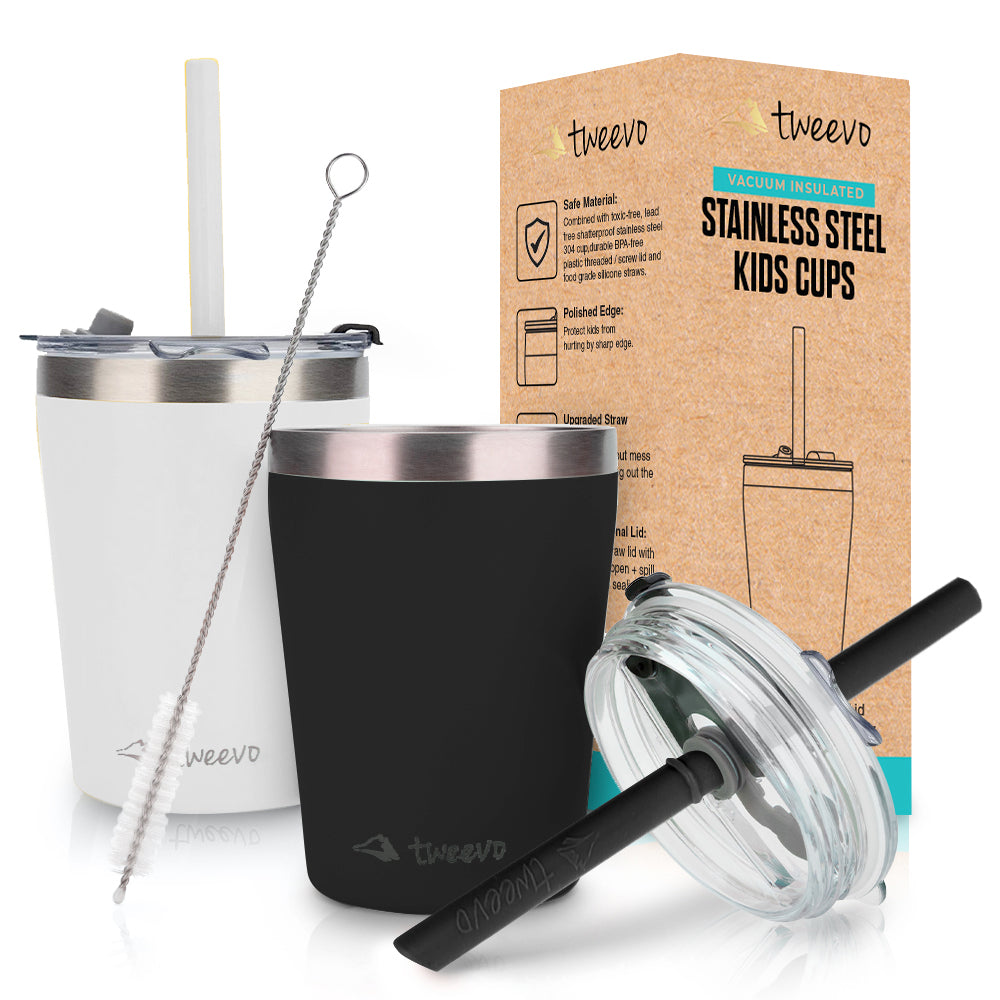 Tweevo Kids Tumblers with Spill-Proof Screw Lids - Kids Tumbler, 8.5 oz. - Stainless Steel Kids Cups With Straws and Lids & Straw Brush