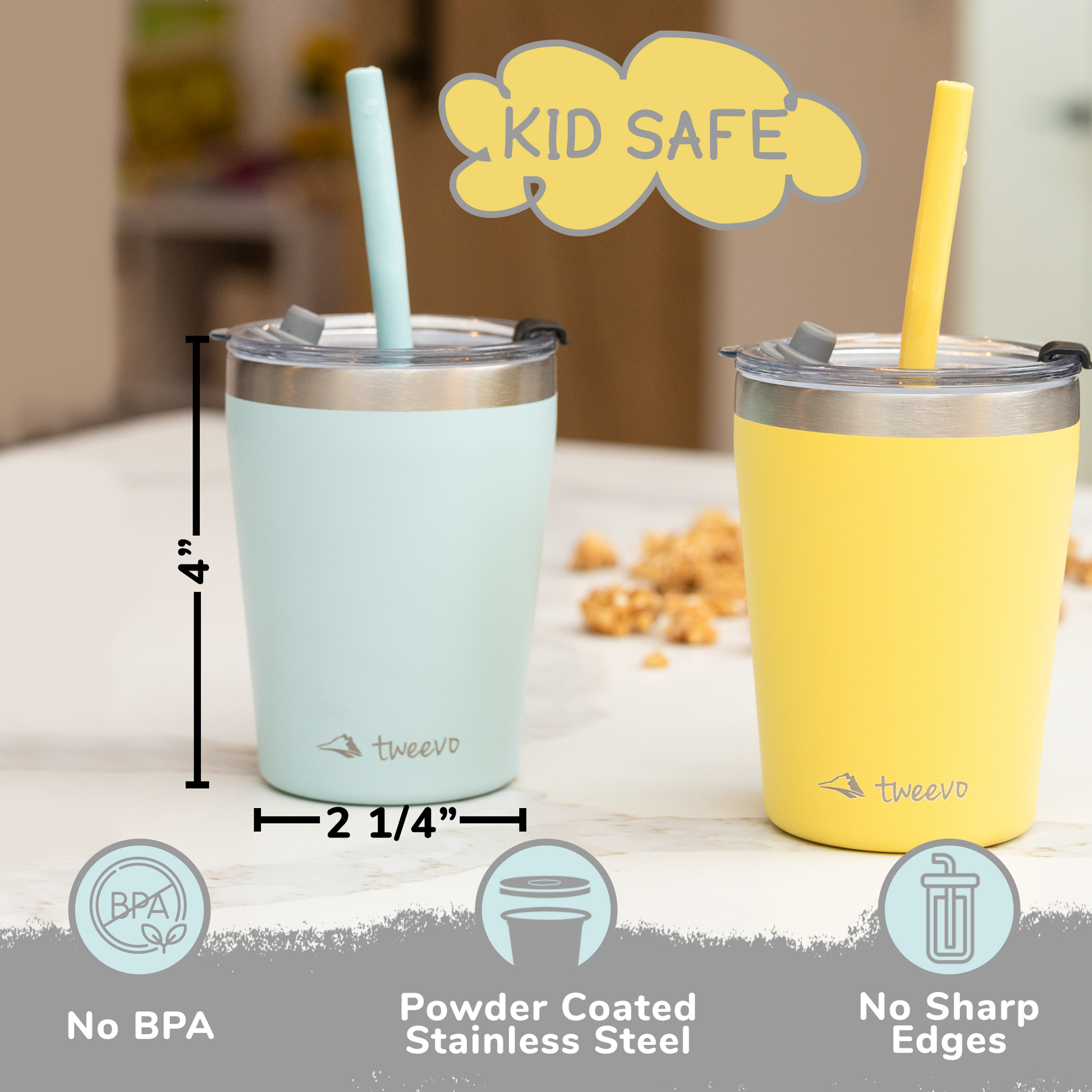 Housavvy 2 Pack Kids Stainless Steel Cups with Lids and Straws