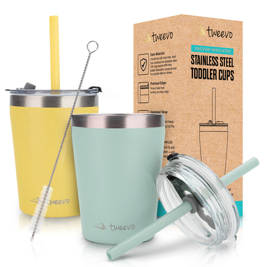 Tweevo Kids Tumblers with Spill-Proof Screw Lids - Kids Tumbler, 8.5 oz. - Stainless Steel Kids Cups With Straws and Lids & Straw Brush